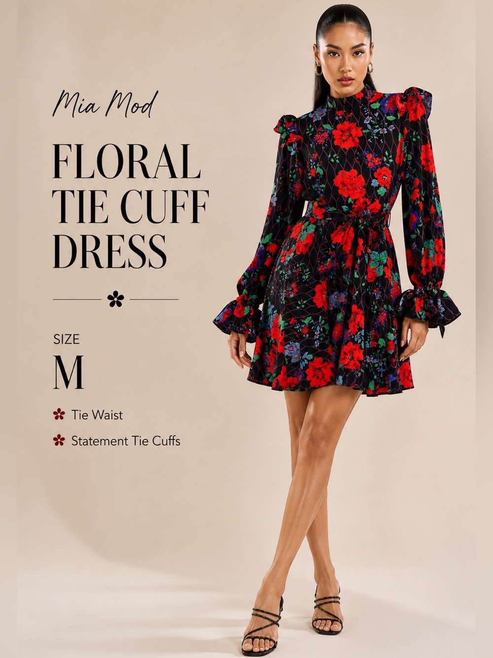 Mia Mod Floral Tie Waist Mini Dress Bell Sleeve‎ Mock Neck Size M